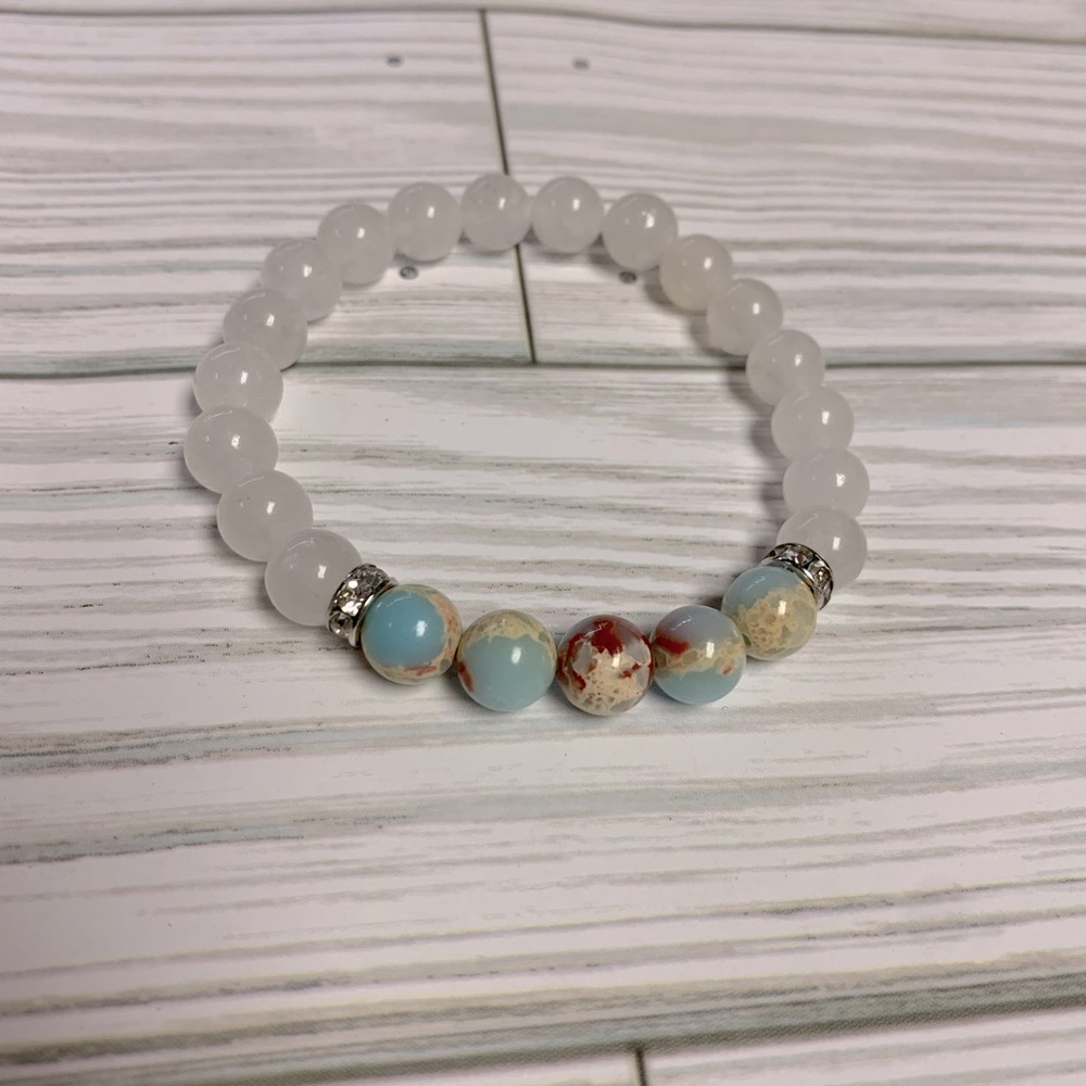 Sea Sediment Imperial Jasper, White Quartzite and Rhinestone Bead Bracelet